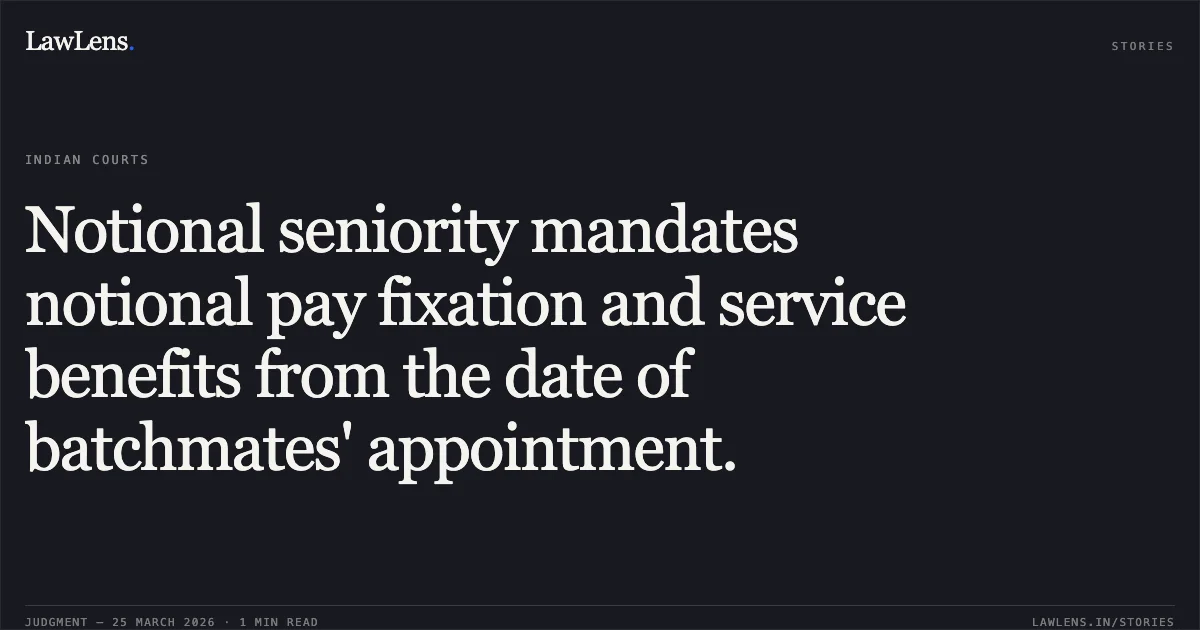 Notional seniority mandates notional pay fixation and service benefits from the date of batchmates' appointment.. KAILASH CHANDRA MEENA vs COMMISSIONER OF POLICE. Central Administrative Tribunal. LawLens