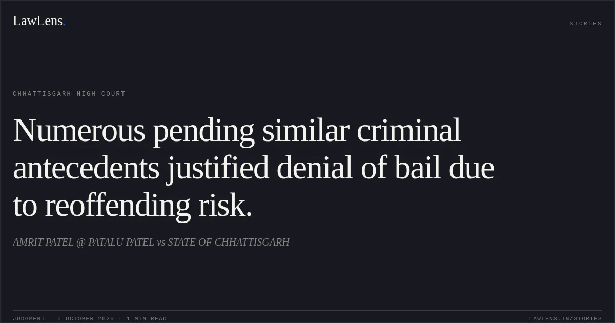 Numerous pending similar criminal antecedents justified denial of bail due to reoffending risk.. AMRIT PATEL @ PATALU PATEL vs STATE OF CHHATTISGARH. Chhattisgarh High Court. LawLens