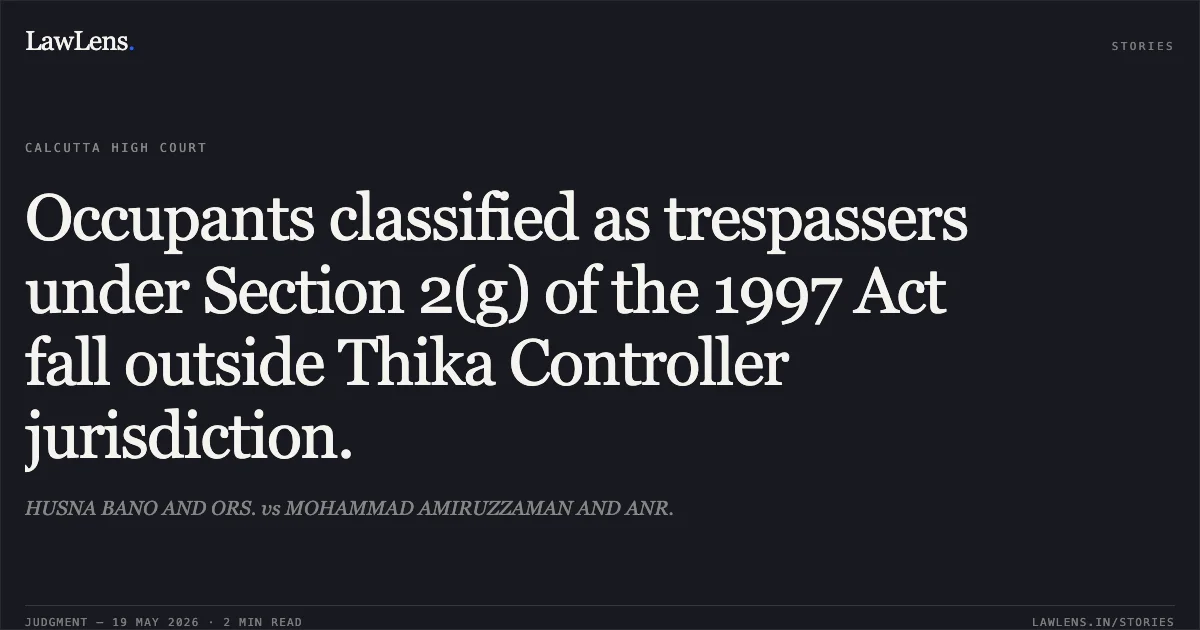 Occupants classified as trespassers under Section 2(g) of the 1997 Act fall outside Thika Controller jurisdiction.. HUSNA BANO AND ORS. vs MOHAMMAD AMIRUZZAMAN AND ANR.. Calcutta High Court. LawLens