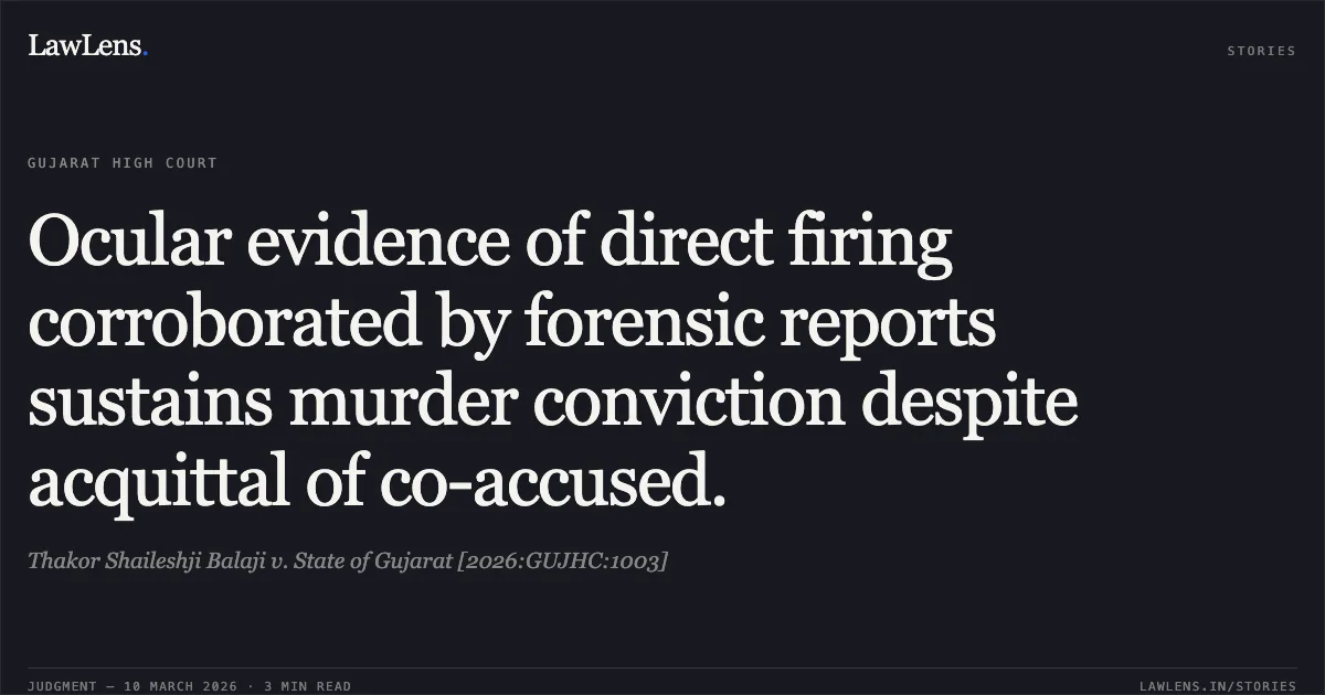 Ocular evidence of direct firing corroborated by forensic reports sustains murder conviction despite acquittal of co-accused.. Thakor Shaileshji Balaji v. State of Gujarat [2026:GUJHC:1003]. Gujarat High Court. LawLens