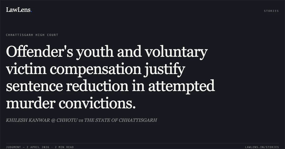 Offender's youth and voluntary victim compensation justify sentence reduction in attempted murder convictions.. KHILESH KANWAR @ CHHOTU vs THE STATE OF CHHATTISGARH. Chhattisgarh High Court. LawLens