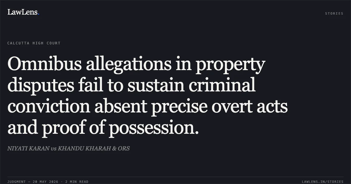 Omnibus allegations in property disputes fail to sustain criminal conviction absent precise overt acts and proof of possession.. NIYATI KARAN vs KHANDU KHARAH & ORS. Calcutta High Court. LawLens