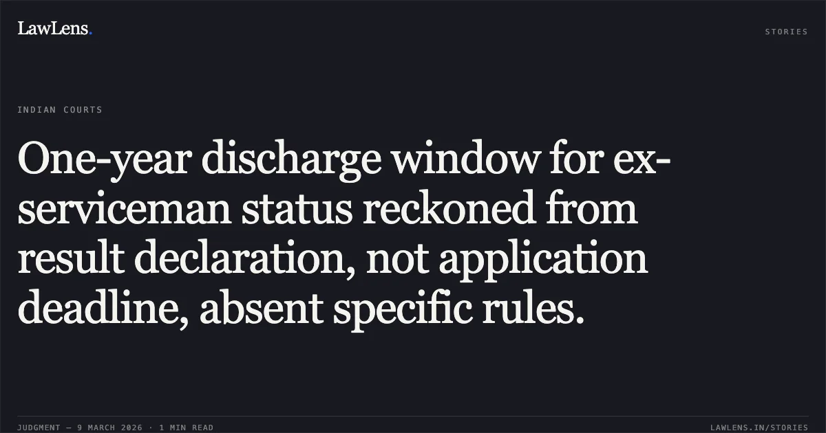 One-year discharge window for ex-serviceman status reckoned from result declaration, not application deadline, absent specific rules.. Ghunna Ram v. Union of India and Ors., W.P.(C) 3427/2023. Delhi High Court. LawLens
