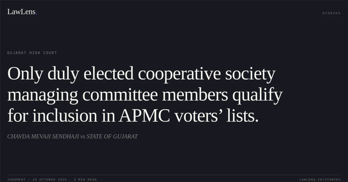 Only duly elected cooperative society managing committee members qualify for inclusion in APMC voters’ lists.. CHAVDA MEVAJI SENDHAJI vs STATE OF GUJARAT. Gujarat High Court. LawLens
