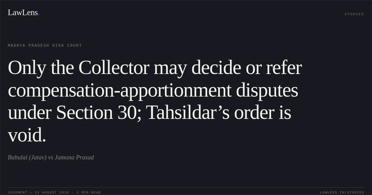 Only the Collector may decide or refer compensation-apportionment disputes under Section 30; Tahsildar’s order is void.. Babulal (Jatav) vs Jamuna Prasad. Madhya Pradesh High Court. LawLens