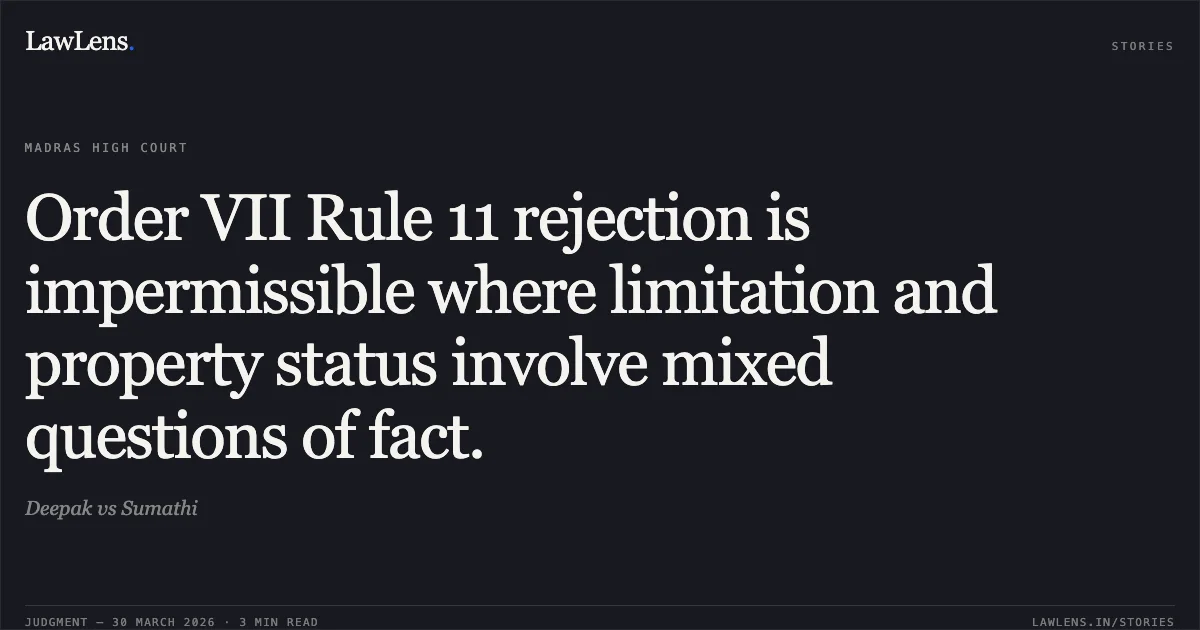 Order VII Rule 11 rejection is impermissible where limitation and property status involve mixed questions of fact.. Deepak vs Sumathi. Madras High Court. LawLens