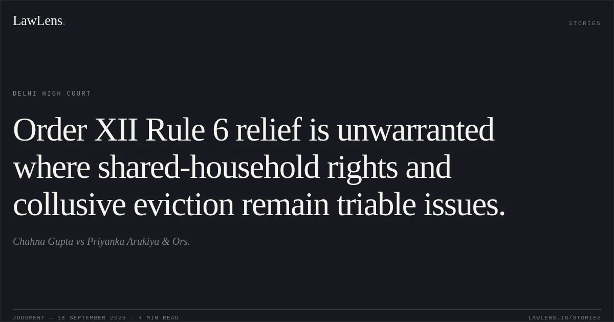 Order XII Rule 6 relief is unwarranted where shared-household rights and collusive eviction remain triable issues.. Chahna Gupta vs Priyanka Arukiya & Ors.. Delhi High Court. LawLens
