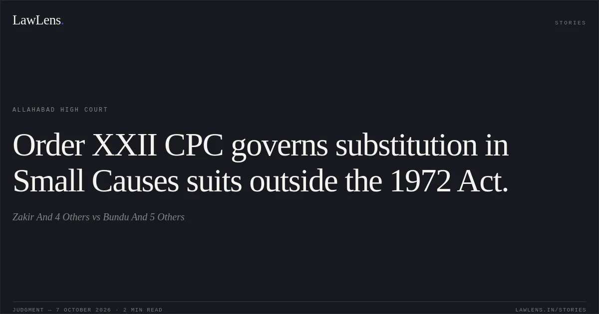 Order XXII CPC governs substitution in Small Causes suits outside the 1972 Act.. Zakir And 4 Others vs Bundu And 5 Others. Allahabad High Court. LawLens