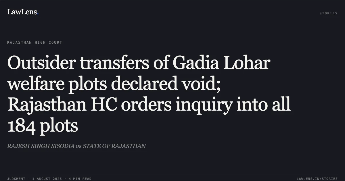 Outsider transfers of Gadia Lohar welfare plots declared void; Rajasthan HC orders inquiry into all 184 plots. RAJESH SINGH SISODIA vs STATE OF RAJASTHAN. Rajasthan High Court. LawLens