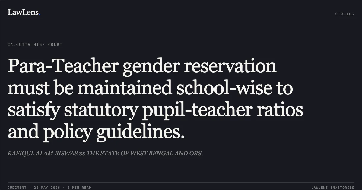 Para-Teacher gender reservation must be maintained school-wise to satisfy statutory pupil-teacher ratios and policy guidelines.. RAFIQUL ALAM BISWAS vs THE STATE OF WEST BENGAL AND ORS.. Calcutta High Court. LawLens