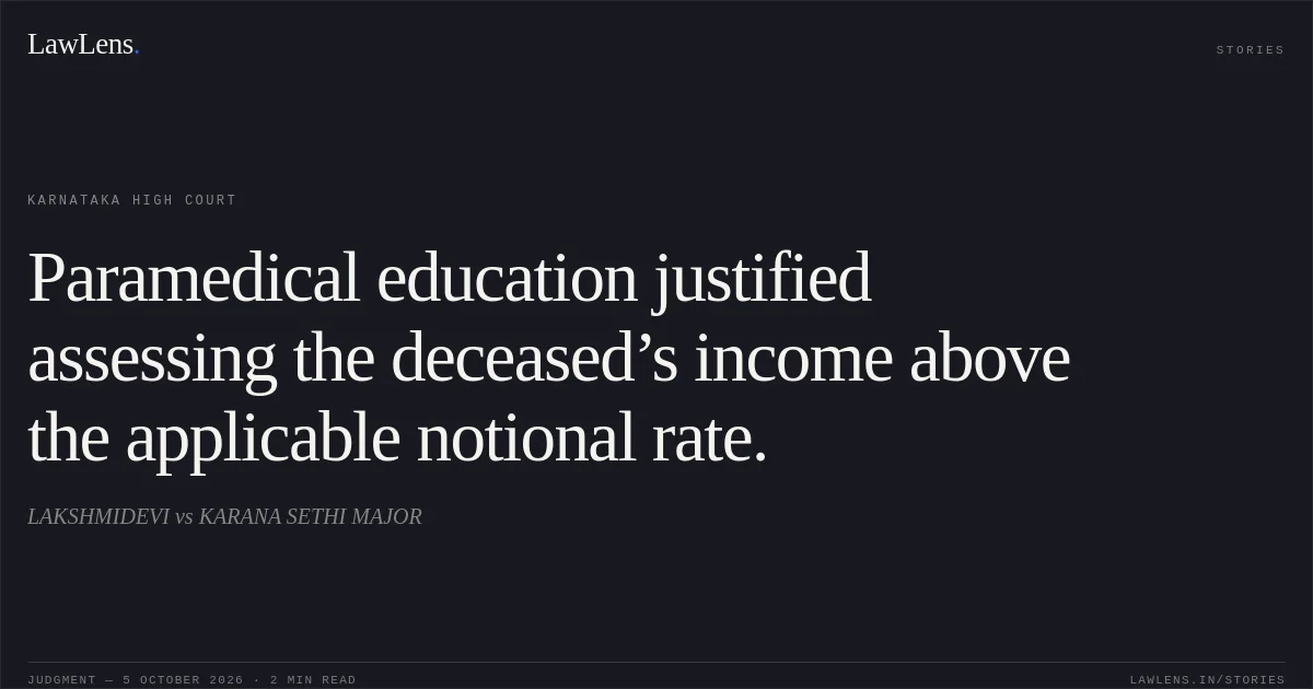 Paramedical education justified assessing the deceased’s income above the applicable notional rate.. LAKSHMIDEVI vs KARANA SETHI MAJOR. Karnataka High Court. LawLens