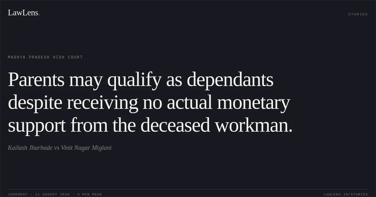 Parents may qualify as dependants despite receiving no actual monetary support from the deceased workman.. Kailash Jharbade vs Vinit Nagar Miglani. Madhya Pradesh High Court. LawLens