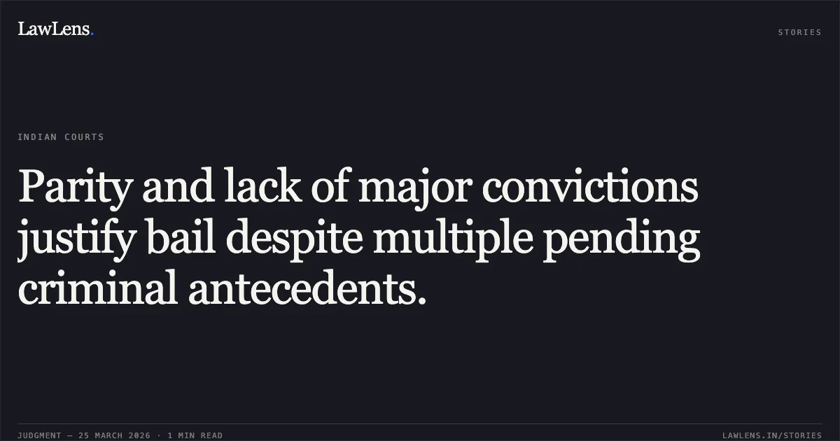 Parity and lack of major convictions justify bail despite multiple pending criminal antecedents.. Vikram @ Vicky vs The State Of Madhya Pradesh. Madhya Pradesh High Court. LawLens