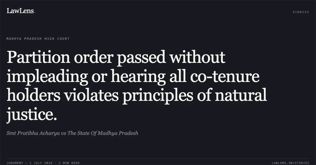 Partition order passed without impleading or hearing all co-tenure holders violates principles of natural justice.. Smt Pratibha Acharya vs The State Of Madhya Pradesh. Madhya Pradesh High Court. LawLens