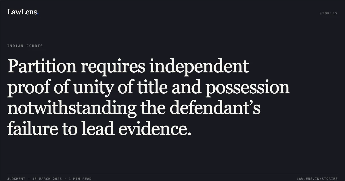 Partition requires independent proof of unity of title and possession notwithstanding the defendant’s failure to lead evidence.. Nageshwar Pd. Singh vs Jugal Kishor Singh. Patna High Court. LawLens