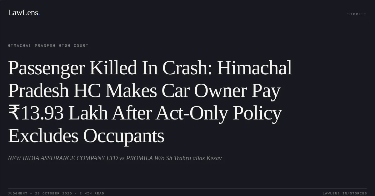 Passenger Killed In Crash: Himachal Pradesh HC Makes Car Owner Pay ₹13.93 Lakh After Act-Only Policy Excludes Occupants. NEW INDIA ASSURANCE COMPANY LTD vs PROMILA W/o Sh Trahru alias Kesav. Himachal Pradesh High Court. LawLens