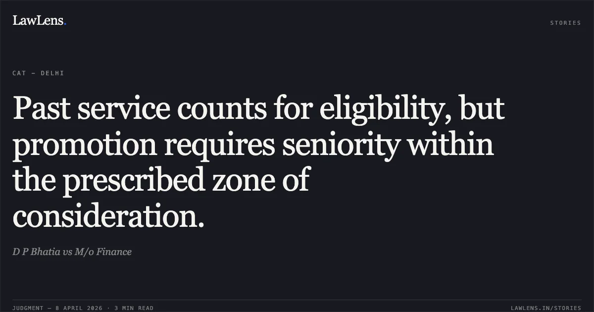 Past service counts for eligibility, but promotion requires seniority within the prescribed zone of consideration.. D P Bhatia vs M/o Finance. Central Administrative Tribunal. LawLens