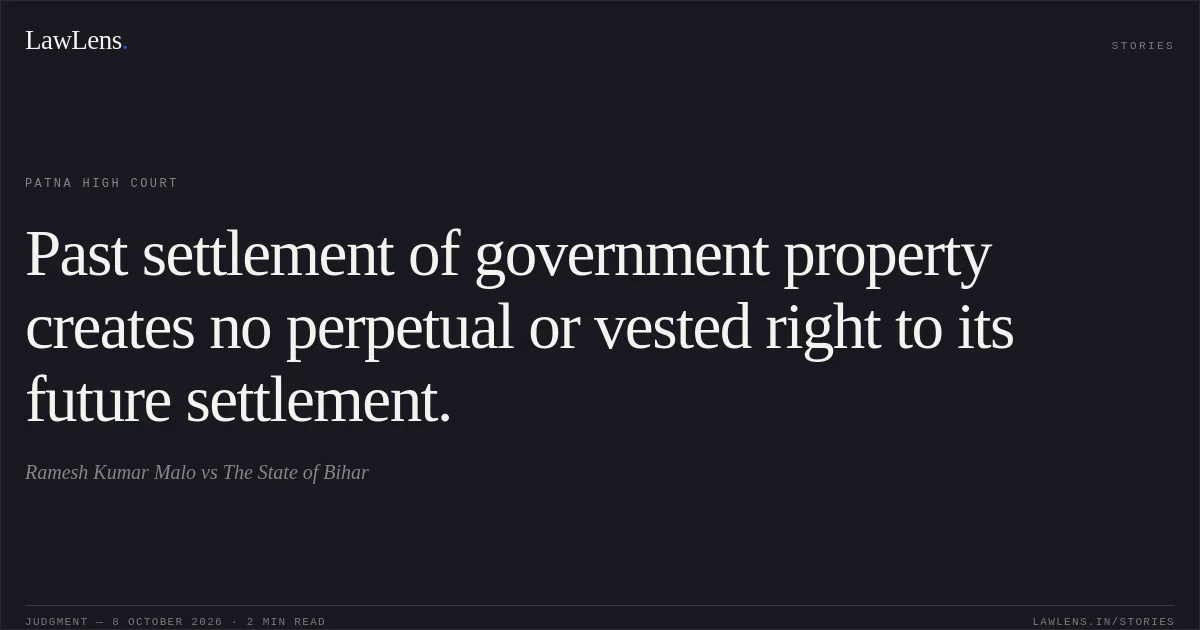 Past settlement of government property creates no perpetual or vested right to its future settlement.. Ramesh Kumar Malo vs The State of Bihar. Patna High Court. LawLens