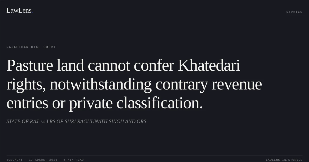 Pasture land cannot confer Khatedari rights, notwithstanding contrary revenue entries or private classification.. STATE  OF  RAJ. vs LRS OF SHRI RAGHUNATH SINGH AND ORS. Rajasthan High Court. LawLens