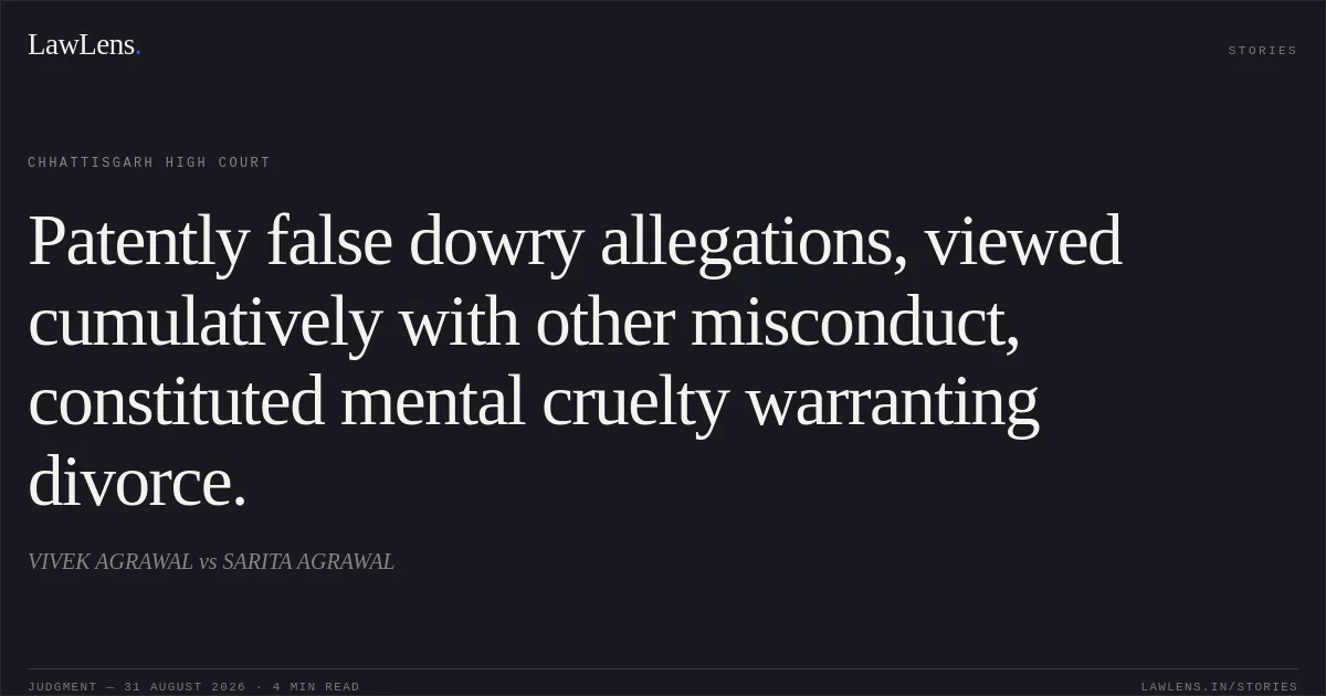 Patently false dowry allegations, viewed cumulatively with other misconduct, constituted mental cruelty warranting divorce.. VIVEK AGRAWAL vs SARITA AGRAWAL. Chhattisgarh High Court. LawLens