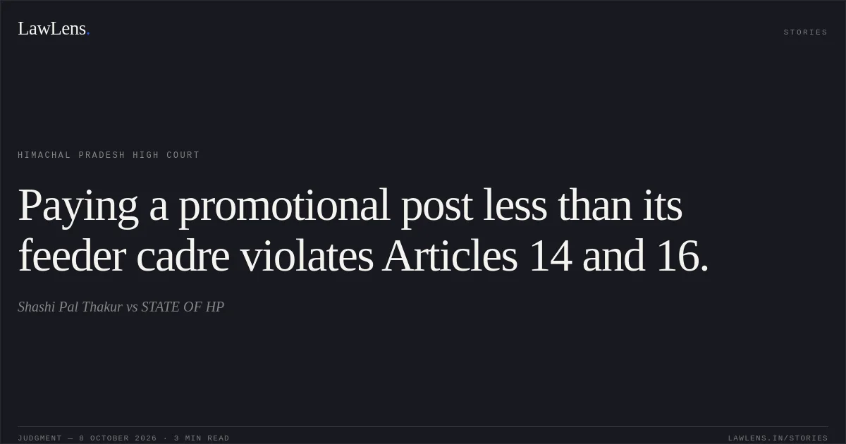 Paying a promotional post less than its feeder cadre violates Articles 14 and 16.. Shashi Pal Thakur vs STATE OF HP. Himachal Pradesh High Court. LawLens