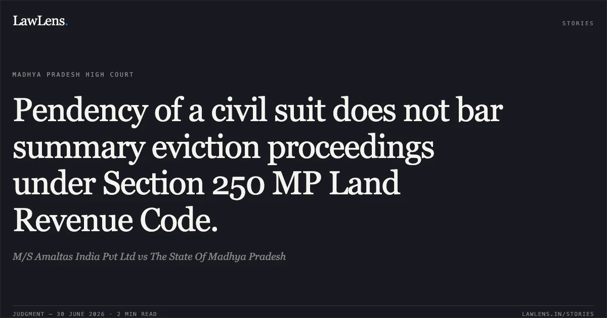 Pendency of a civil suit does not bar summary eviction proceedings under Section 250 MP Land Revenue Code.. M/S Amaltas India Pvt Ltd vs The State Of Madhya Pradesh. Madhya Pradesh High Court. LawLens