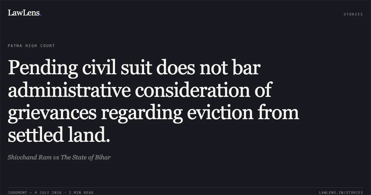 Pending civil suit does not bar administrative consideration of grievances regarding eviction from settled land.. Shivchand Ram vs The State of Bihar. Patna High Court. LawLens