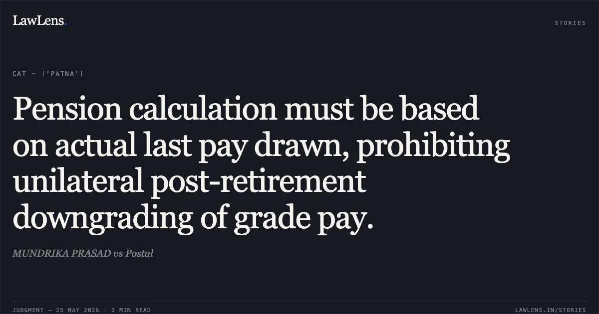 Pension calculation must be based on actual last pay drawn, prohibiting unilateral post-retirement downgrading of grade pay.. MUNDRIKA PRASAD vs Postal. Central Administrative Tribunal. LawLens