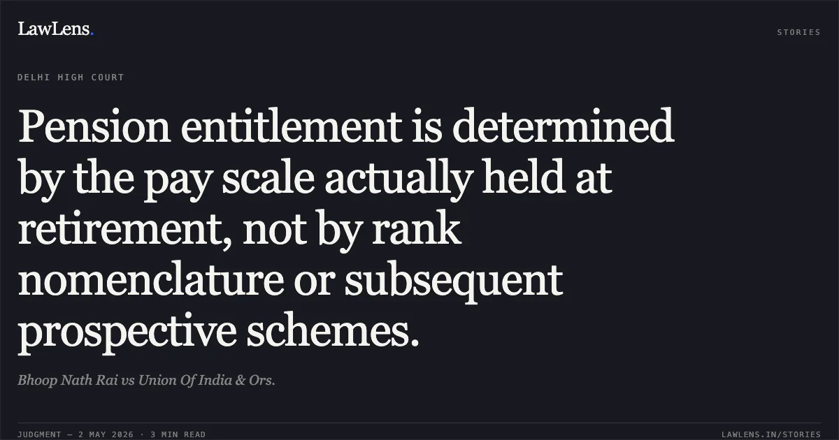 Pension entitlement is determined by the pay scale actually held at retirement, not by rank nomenclature or subsequent prospective schemes.. Bhoop Nath Rai vs Union Of India & Ors.. Delhi High Court. LawLens