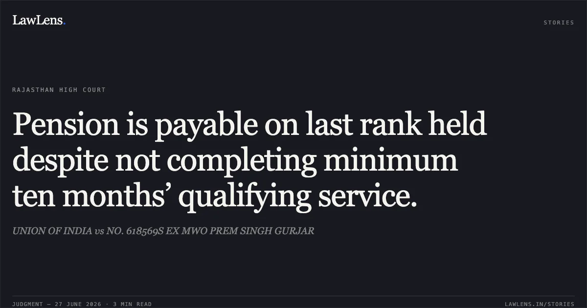 Pension is payable on last rank held despite not completing minimum ten months’ qualifying service.. UNION OF INDIA vs NO. 618569S EX MWO PREM SINGH GURJAR. Rajasthan High Court. LawLens