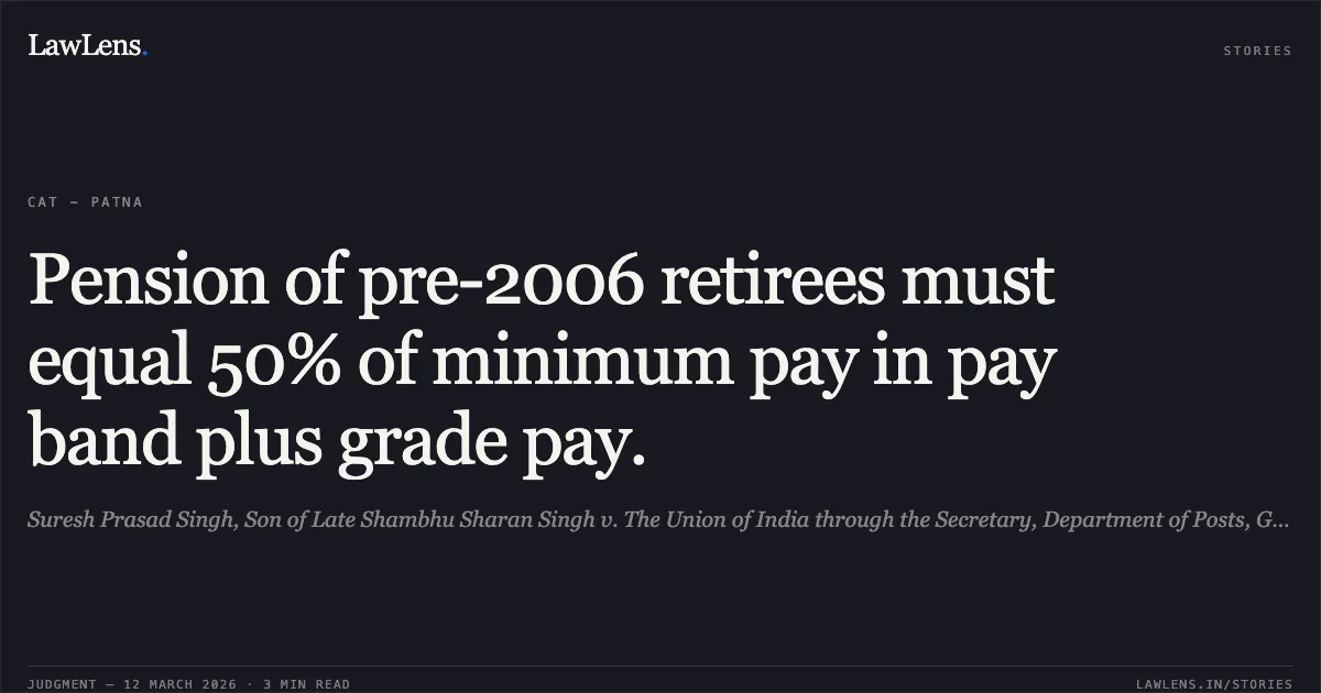 Pension of pre-2006 retirees must equal 50% of minimum pay in pay band plus grade pay.. Suresh Prasad Singh, Son of Late Shambhu Sharan Singh v. The Union of India through the Secretary, Department of Posts, Government of India & Others (O.A. No. 050/00549/2019). Central Administrative Tribunal. LawLens