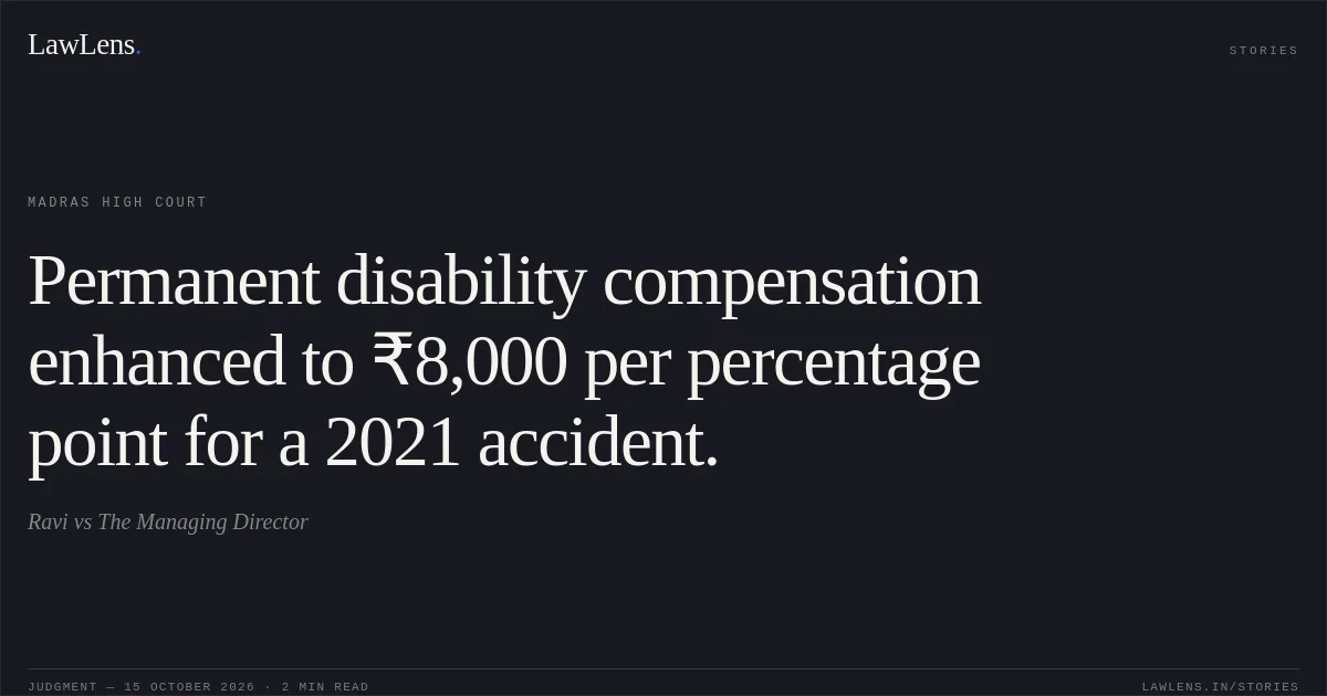 Permanent disability compensation enhanced to ₹8,000 per percentage point for a 2021 accident.. Ravi vs The Managing Director. Madras High Court. LawLens