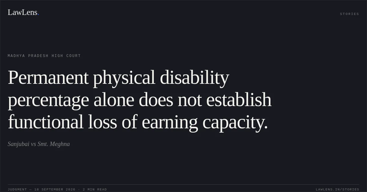 Permanent physical disability percentage alone does not establish functional loss of earning capacity.. Sanjubai vs Smt. Meghna. Madhya Pradesh High Court. LawLens