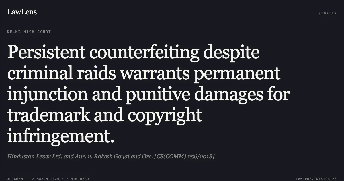 Persistent counterfeiting despite criminal raids warrants permanent injunction and punitive damages for trademark and copyright infringement.. Hindustan Lever Ltd. and Anr. v. Rakesh Goyal and Ors. [CS(COMM) 256/2018]. Delhi High Court. LawLens