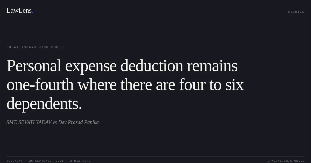 Personal expense deduction remains one-fourth where there are four to six dependents.. SMT. SEVATI YADAV vs Dev Prasad Panika. Chhattisgarh High Court. LawLens