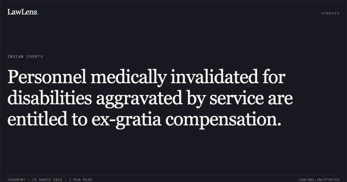 Personnel medically invalidated for disabilities aggravated by service are entitled to ex-gratia compensation.. Hari Prakash vs Union Of India & Ors.. Delhi High Court. LawLens