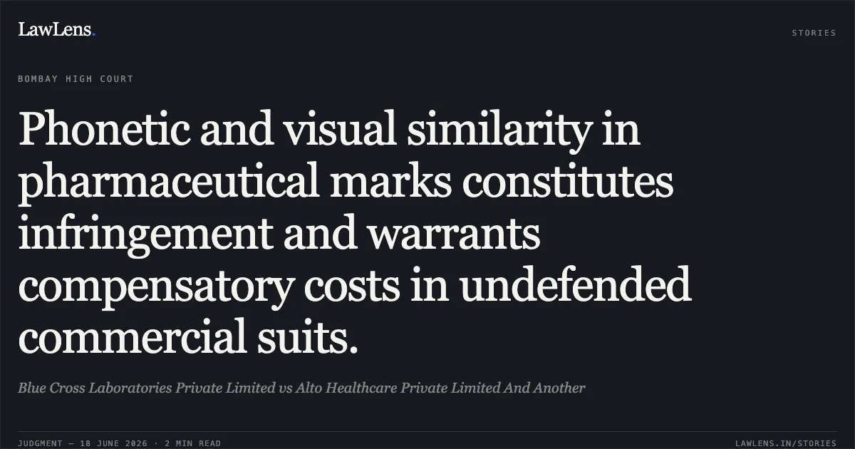Phonetic and visual similarity in pharmaceutical marks constitutes infringement and warrants compensatory costs in undefended commercial suits.. Blue Cross Laboratories Private Limited vs Alto Healthcare Private Limited And Another. Bombay High Court. LawLens