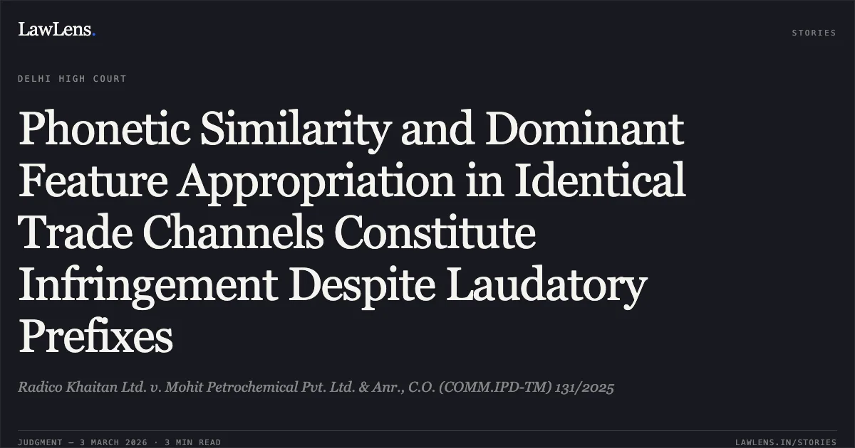 Phonetic Similarity and Dominant Feature Appropriation in Identical Trade Channels Constitute Infringement Despite Laudatory Prefixes. Radico Khaitan Ltd. v. Mohit Petrochemical Pvt. Ltd. & Anr., C.O. (COMM.IPD-TM) 131/2025. Delhi High Court. LawLens