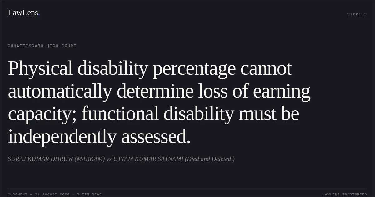 Physical disability percentage cannot automatically determine loss of earning capacity; functional disability must be independently assessed.. SURAJ KUMAR DHRUW (MARKAM) vs UTTAM KUMAR SATNAMI (Died and Deleted ). Chhattisgarh High Court. LawLens
