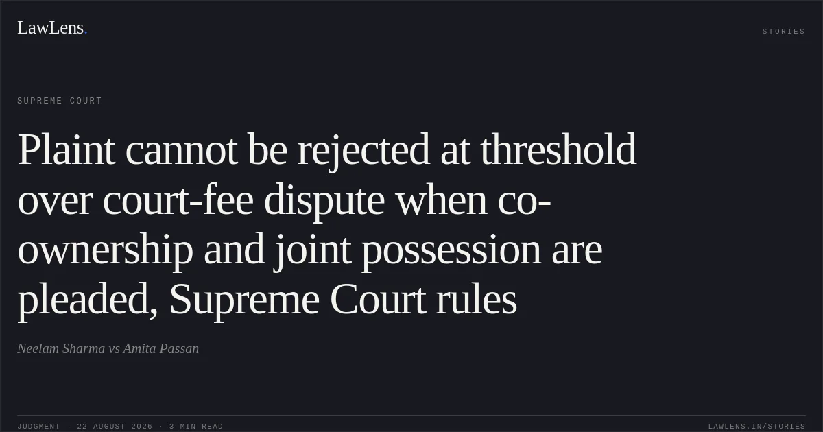 Plaint cannot be rejected at threshold over court-fee dispute when co-ownership and joint possession are pleaded, Supreme Court rules. Neelam Sharma vs Amita Passan. Supreme Court. LawLens