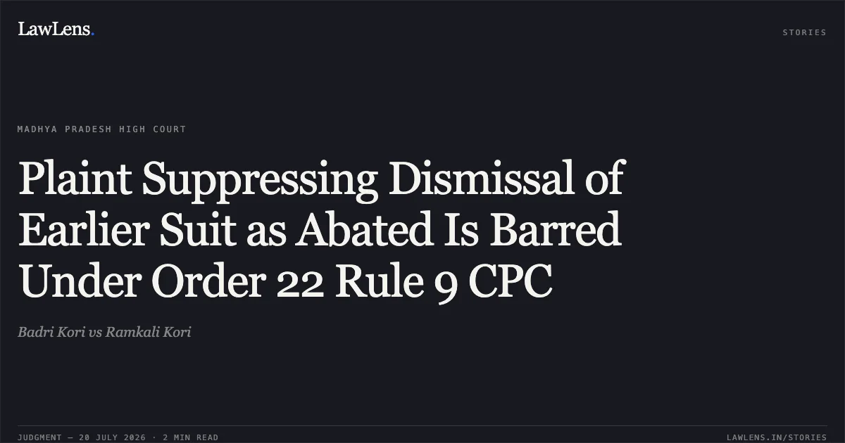 Plaint Suppressing Dismissal of Earlier Suit as Abated Is Barred Under Order 22 Rule 9 CPC. Badri Kori vs Ramkali Kori. Madhya Pradesh High Court. LawLens