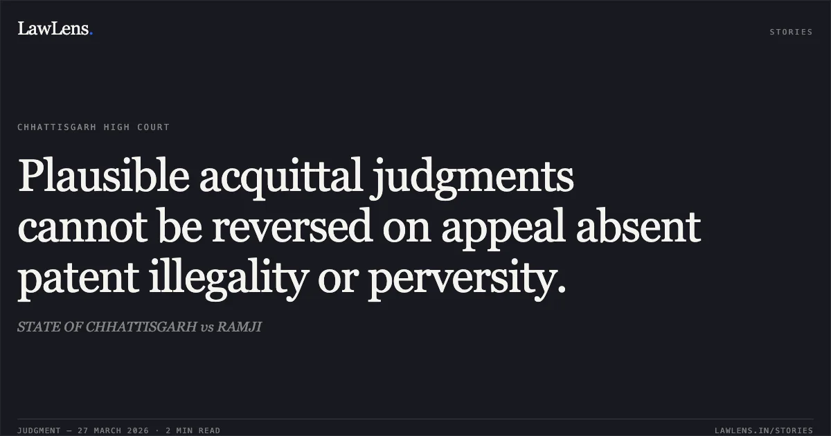 Plausible acquittal judgments cannot be reversed on appeal absent patent illegality or perversity.. STATE OF CHHATTISGARH vs RAMJI. Chhattisgarh High Court. LawLens