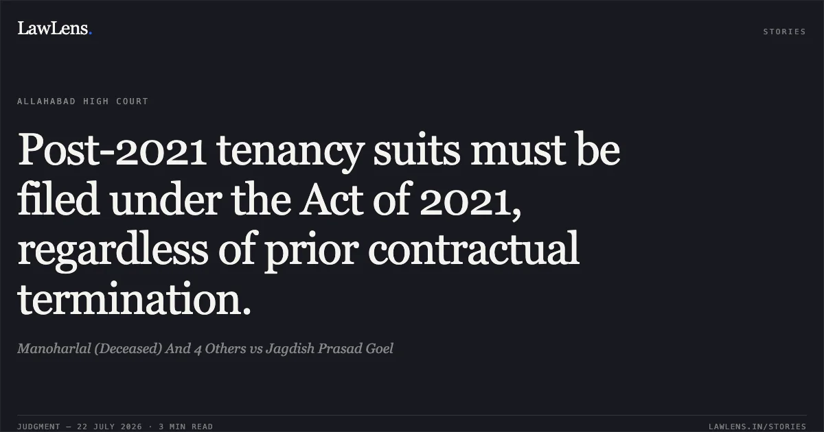 Post-2021 tenancy suits must be filed under the Act of 2021, regardless of prior contractual termination.. Manoharlal (Deceased) And 4 Others vs Jagdish Prasad Goel. Allahabad High Court. LawLens