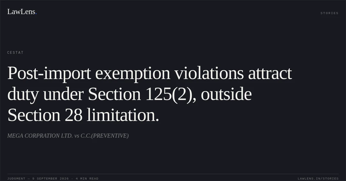 Post-import exemption violations attract duty under Section 125(2), outside Section 28 limitation.. MEGA CORPRATION LTD. vs C.C.(PREVENTIVE). CESTAT. LawLens