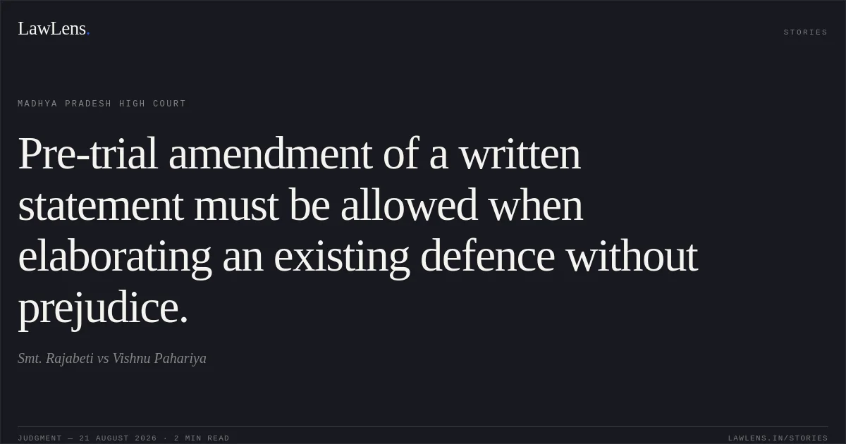 Pre-trial amendment of a written statement must be allowed when elaborating an existing defence without prejudice.. Smt. Rajabeti vs Vishnu Pahariya. Madhya Pradesh High Court. LawLens