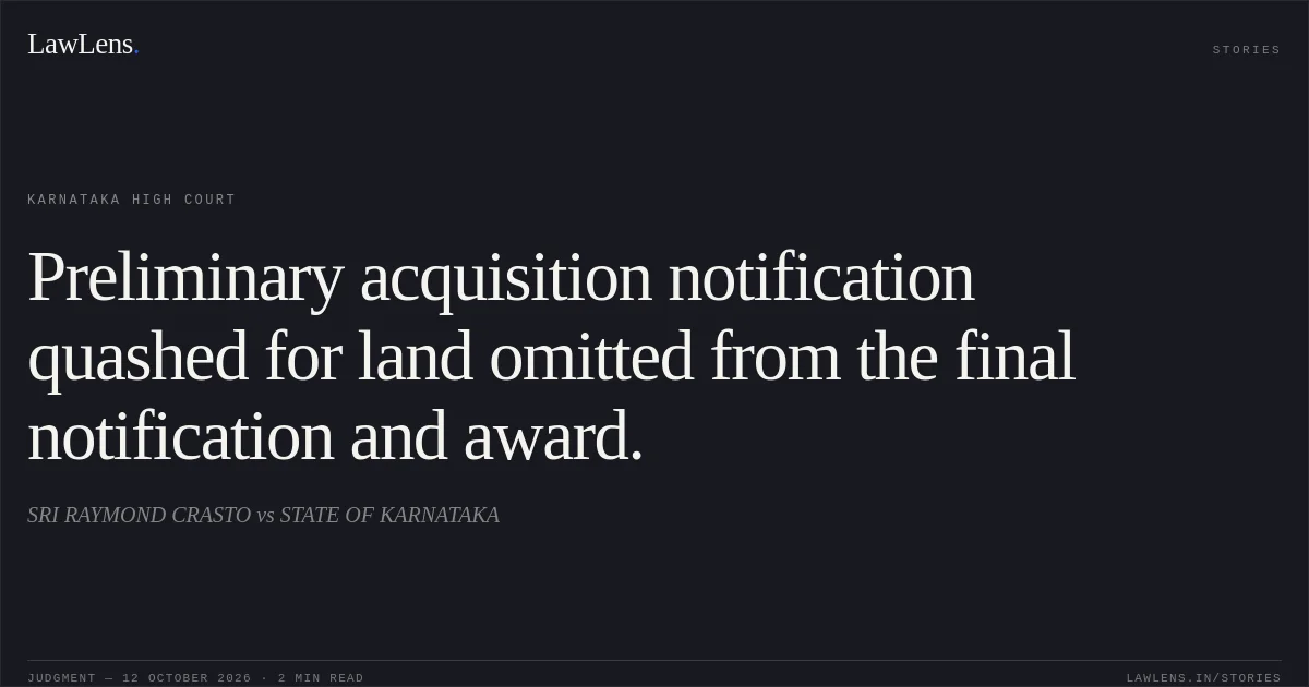 Preliminary acquisition notification quashed for land omitted from the final notification and award.. SRI RAYMOND CRASTO vs STATE OF KARNATAKA. Karnataka High Court. LawLens