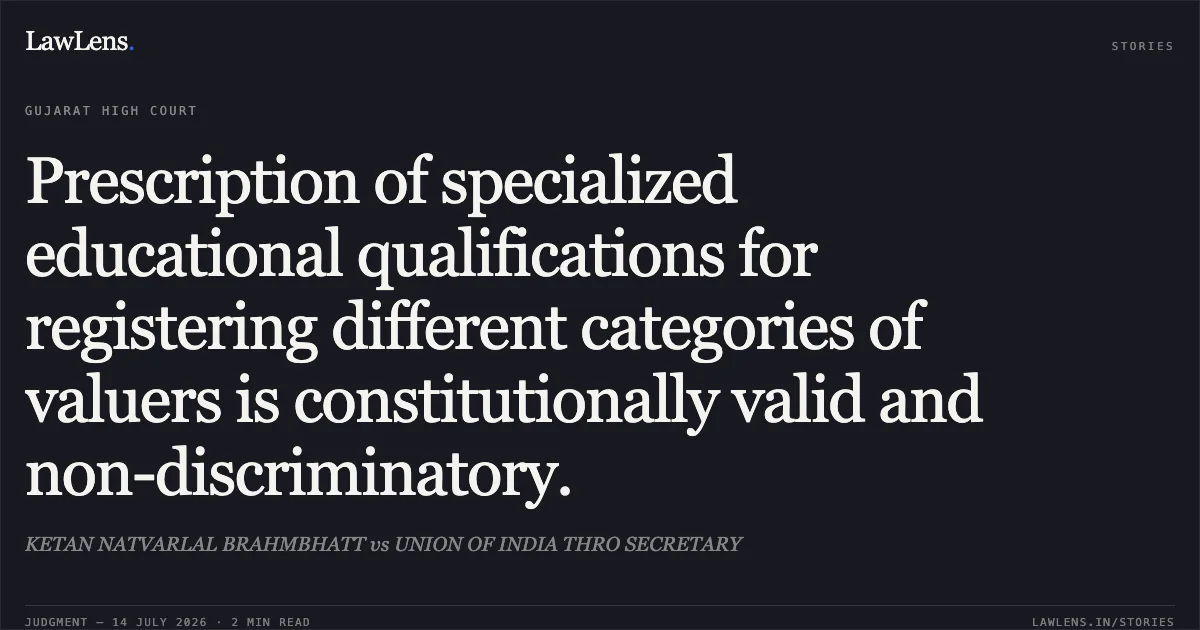 Prescription of specialized educational qualifications for registering different categories of valuers is constitutionally valid and non-discriminatory.. KETAN NATVARLAL BRAHMBHATT vs UNION OF INDIA THRO SECRETARY. Gujarat High Court. LawLens