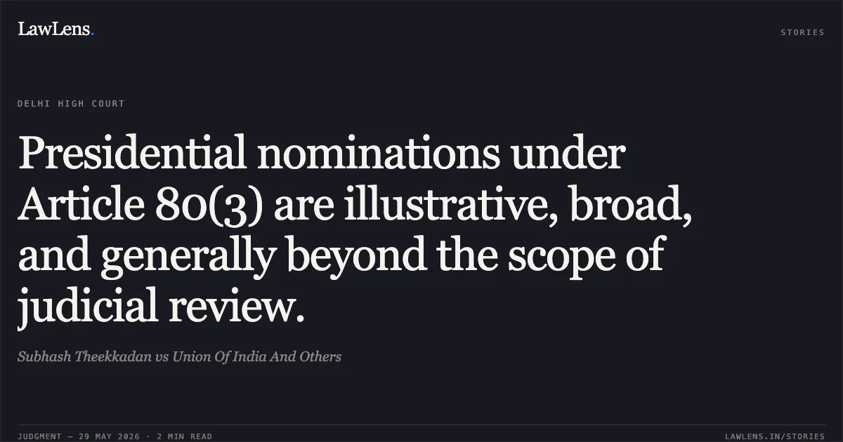 Presidential nominations under Article 80(3) are illustrative, broad, and generally beyond the scope of judicial review.. Subhash Theekkadan vs Union Of India And Others. Delhi High Court. LawLens