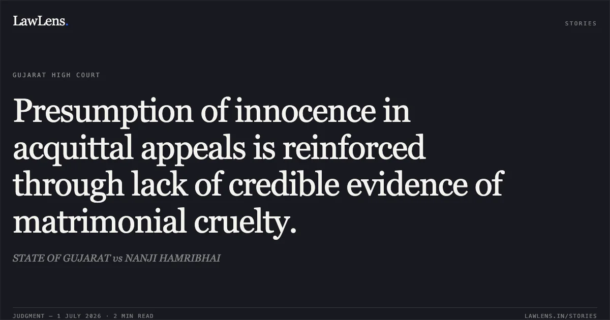 Presumption of innocence in acquittal appeals is reinforced through lack of credible evidence of matrimonial cruelty.. STATE OF GUJARAT vs NANJI HAMRIBHAI. Gujarat High Court. LawLens