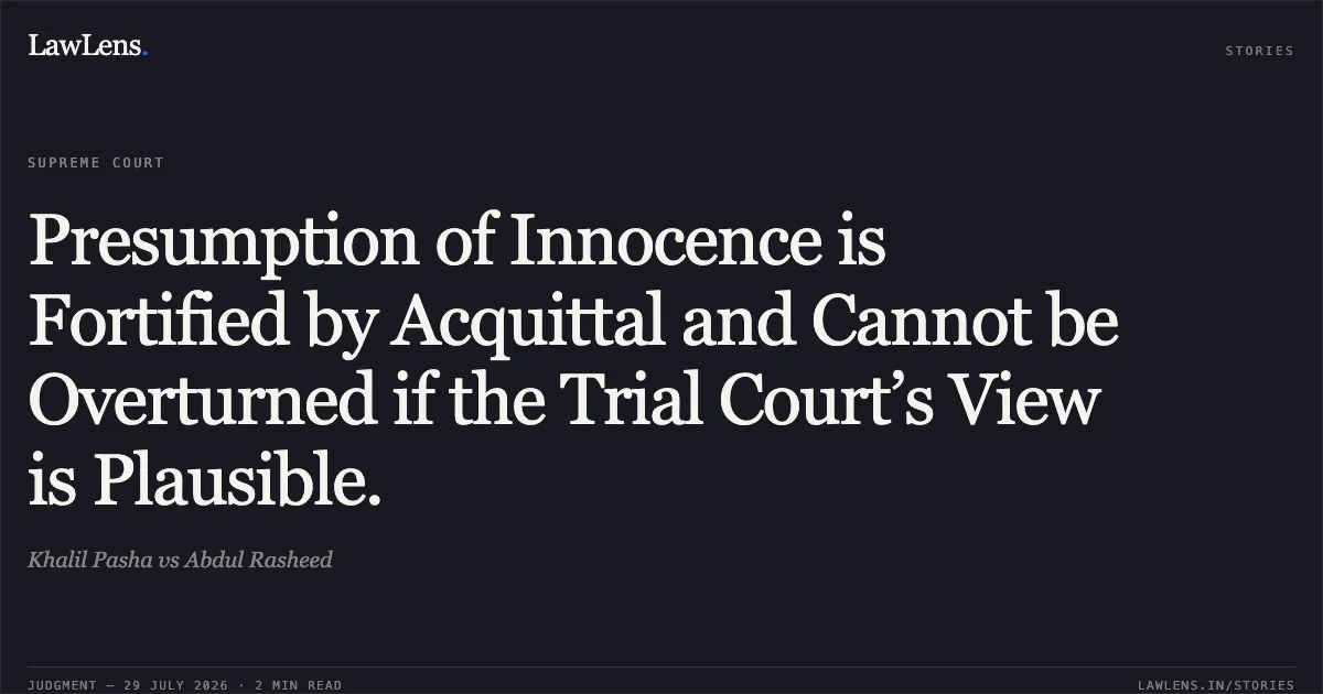 Presumption of Innocence is Fortified by Acquittal and Cannot be Overturned if the Trial Court’s View is Plausible.. Khalil Pasha vs Abdul Rasheed. Supreme Court. LawLens